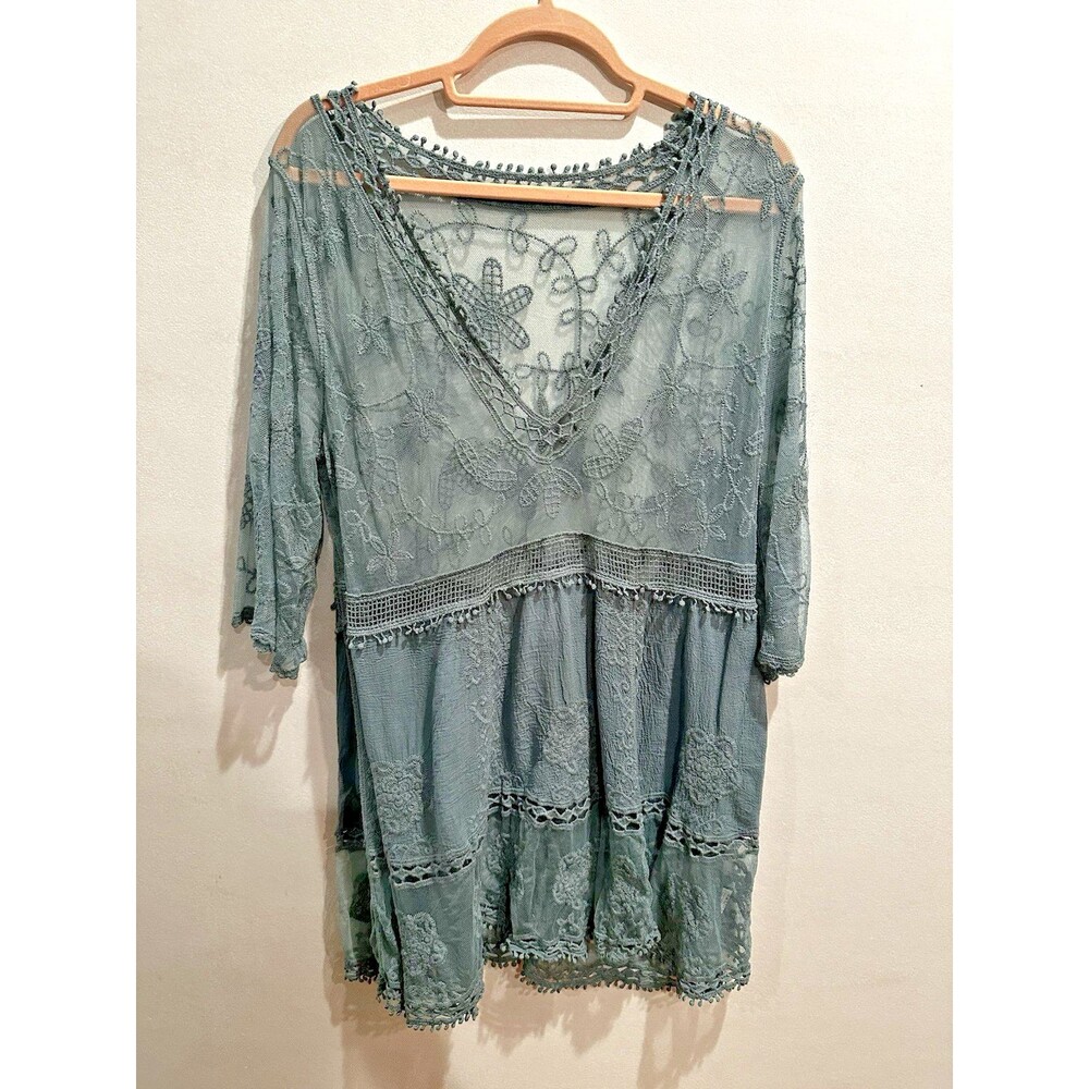 Boho WMNS OS Teal Sheer Embroidered Crochet Tunic Cover Up Beach Tropical Yacht